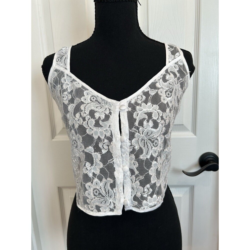 Vintage 90s Y2K Cacique White Sheer Lace Camisole Crop Top Size Small